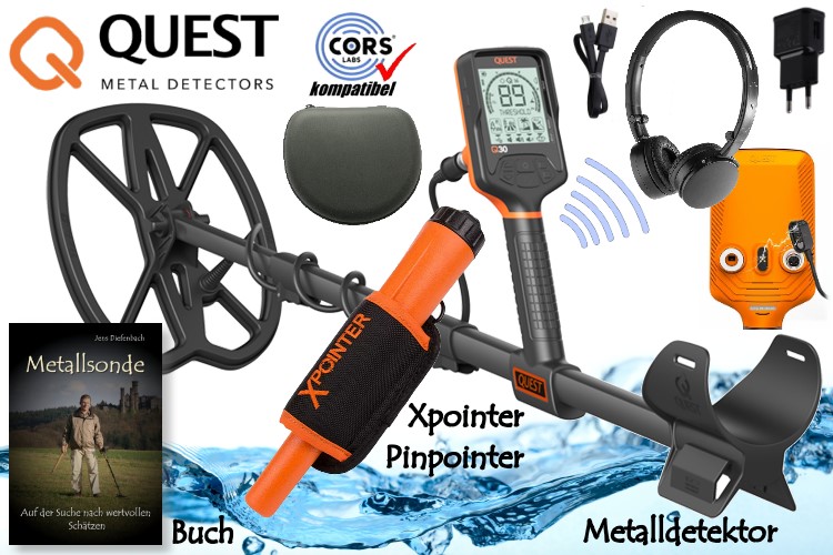 Quest Q30+ Metalldetektor mit Funkkopfhörer & Xpointer Pinpointer (orange) & Schatzsucherhandbuch & Fundtasche & Kappe