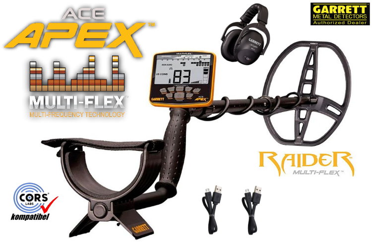 Garrett ACE APEX Metalldetektor mit Raider Spule und Funkkopfhörer